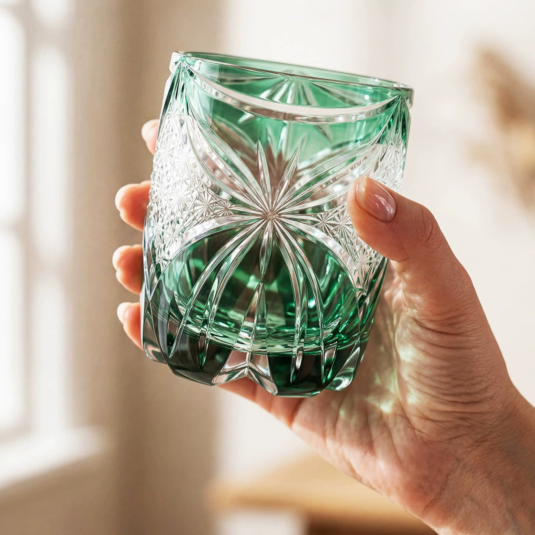 Edo Kiriko  "Emerald Butterfly" Handcrafted Whiskey Glass